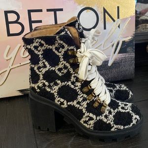 Gucci print black boot with white GG’s